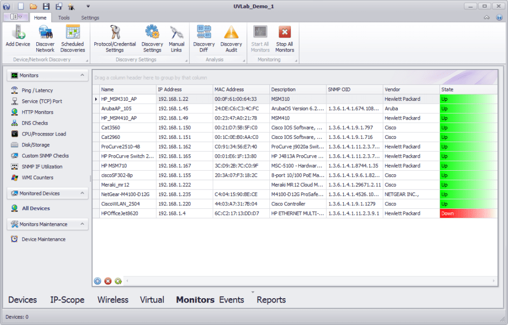uvexplorer screenshot - monitored devices list
