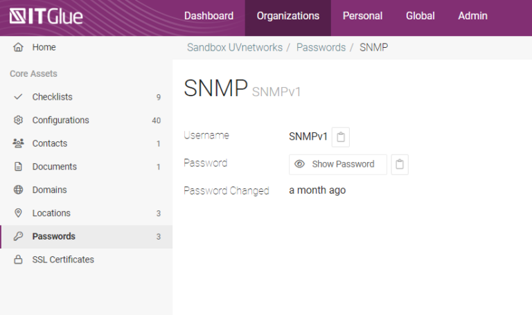 Passwords display view in IT Glue